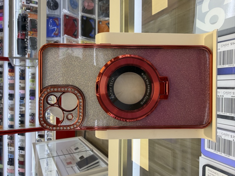 iPhone 14 & 15 Plus Case - Glitter Ring Stand with Rhinestone Trim - Red