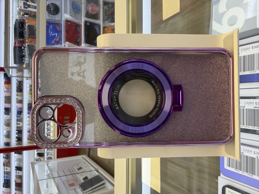 iPhone 14 & 15 Plus Case - Glitter Ring Stand with Rhinestone Trim - Purple
