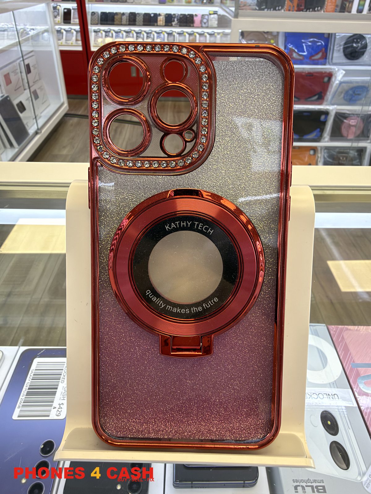 iPhone 16 Pro Max Case - Diamond Lens Ring Stand Red