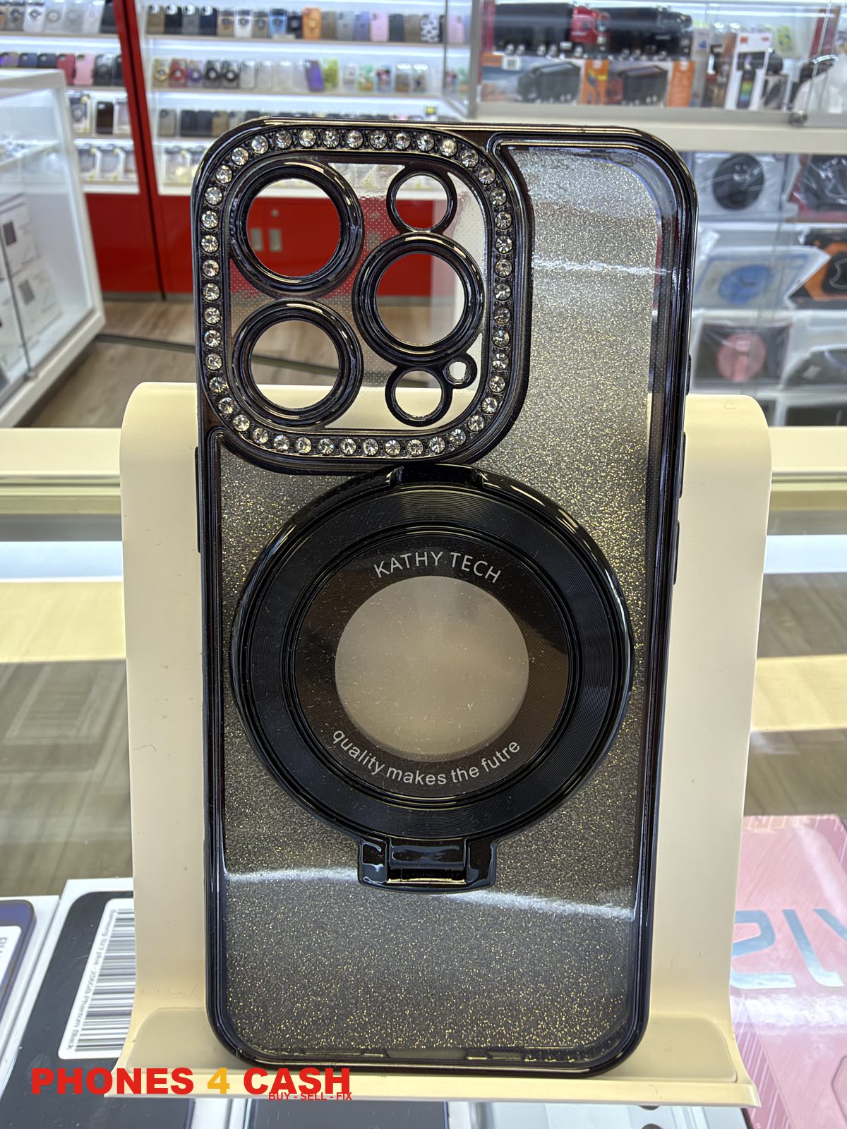 iPhone 16 Pro Case - Diamond Lens Ring Stand Black