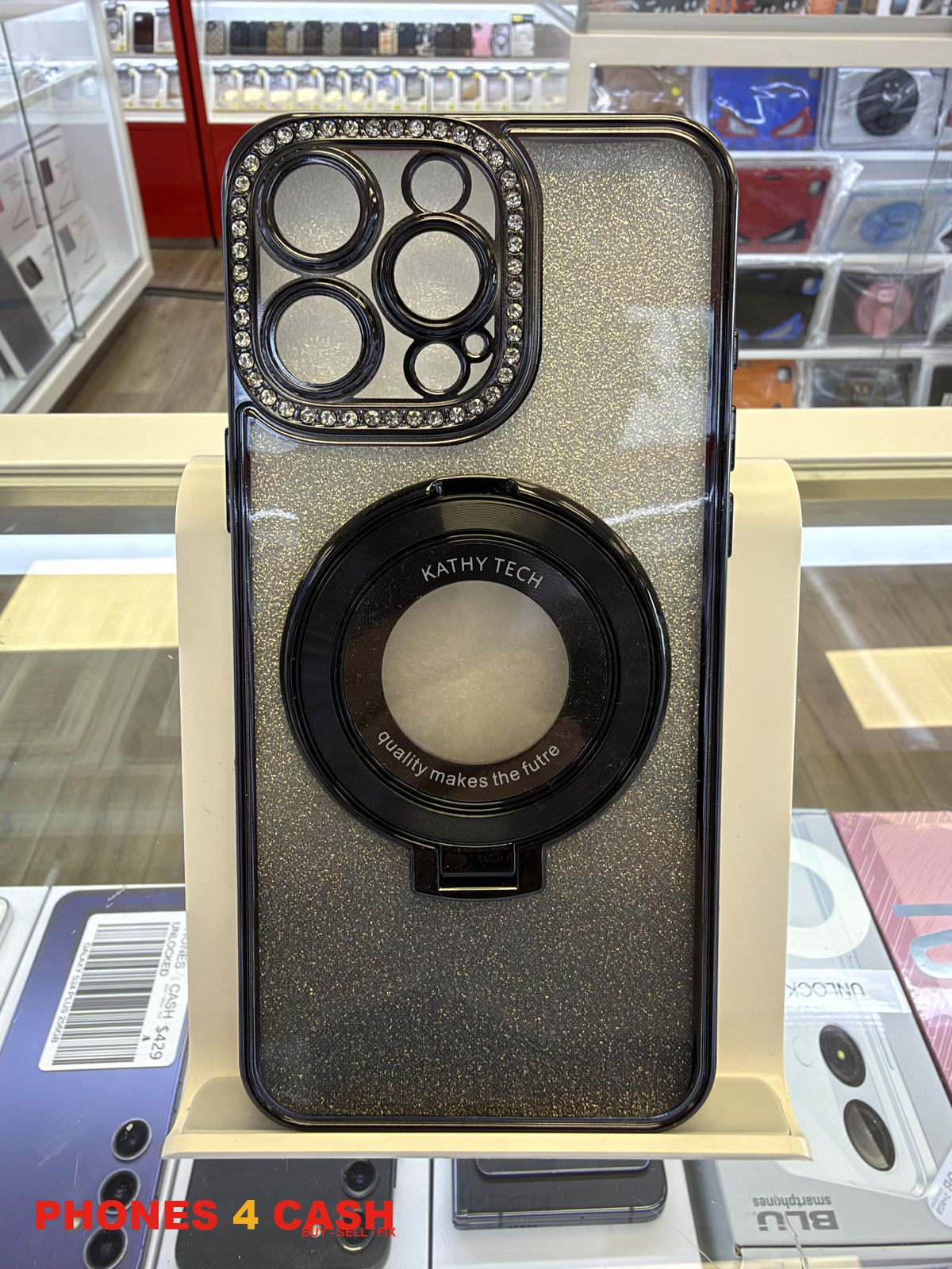 iPhone 16 Pro Max Case - Diamond Lens Ring Stand Silver