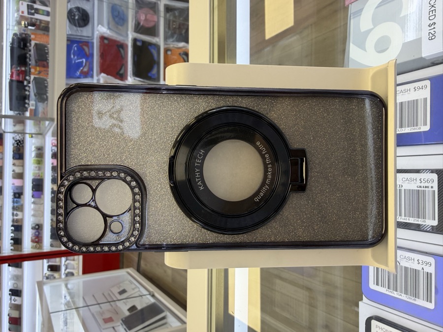 iPhone 14 & 15 Plus Case - Glitter Ring Stand with Rhinestone Trim - Black