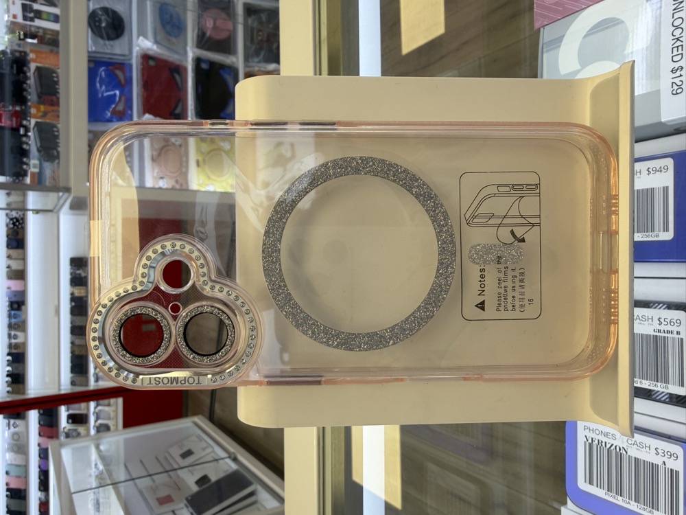 iPhone 16 Case - Clear MagSafe with Rhinestone Lens Trim - Rose